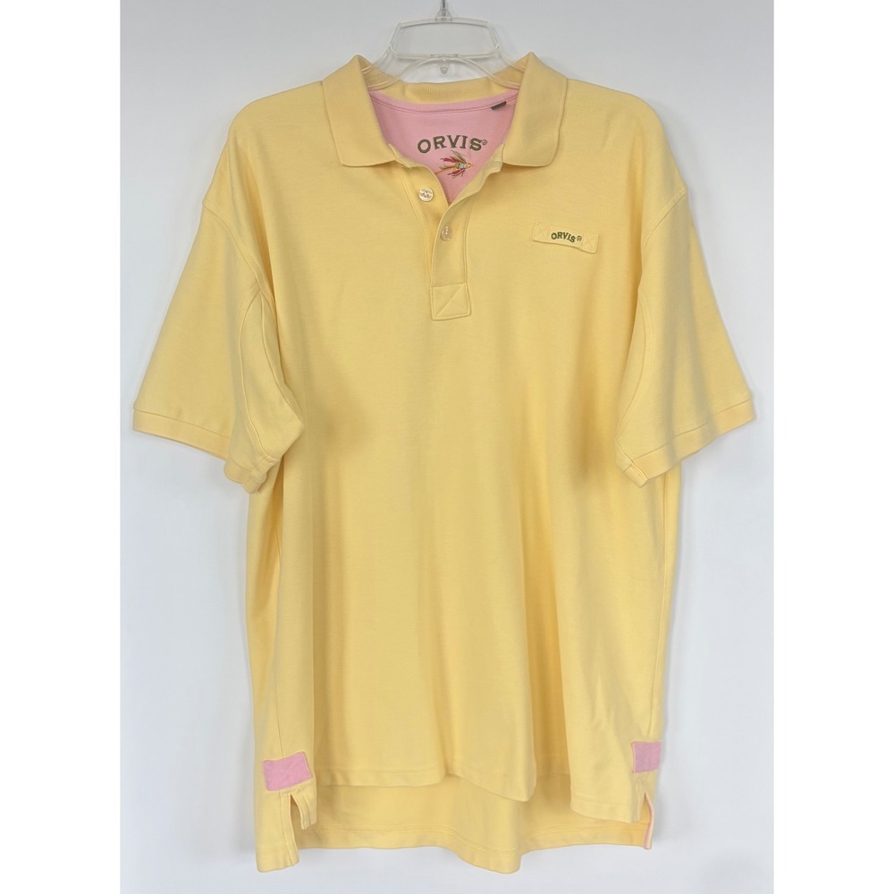 Orvis Mens Polo Shirt Large Yellow Pink Accent Fly Fishing Embroidery Pique Knit
